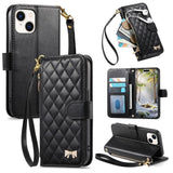 Rhombic Texture Zipper Wallet Metal Bow-knot Vegan Leather Phone Case with Strap, For iPhone 15 Pro, For iPhone 15 Plus, For iPhone 15