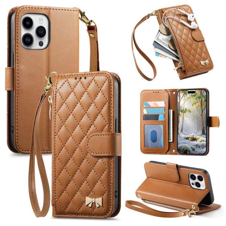 Rhombic Texture Zipper Wallet Metal Bow-knot Vegan Leather Phone Case with Strap, For iPhone 15 Pro, For iPhone 15 Plus, For iPhone 15