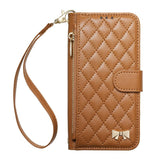 Rhombic Texture Zipper Wallet Metal Bow-knot Vegan Leather Phone Case with Strap, For iPhone 15 Pro, For iPhone 15 Plus, For iPhone 15