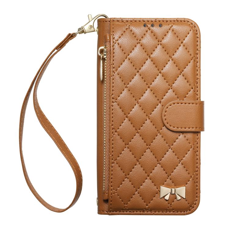 Rhombic Texture Zipper Wallet Metal Bow-knot Vegan Leather Phone Case with Strap, For iPhone 15 Pro, For iPhone 15 Plus, For iPhone 15
