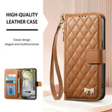 Rhombic Texture Zipper Wallet Metal Bow-knot Vegan Leather Phone Case with Strap, For iPhone 15 Pro, For iPhone 15 Plus, For iPhone 15