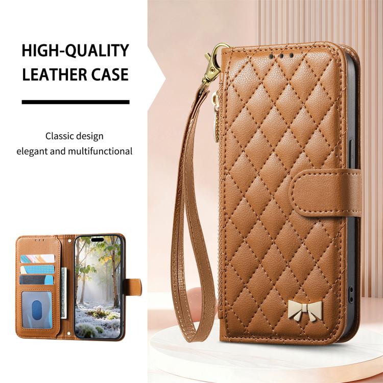 Rhombic Texture Zipper Wallet Metal Bow-knot Vegan Leather Phone Case with Strap, For iPhone 15 Pro, For iPhone 15 Plus, For iPhone 15