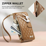 Rhombic Texture Zipper Wallet Metal Bow-knot Vegan Leather Phone Case with Strap, For iPhone 15 Pro, For iPhone 15 Plus, For iPhone 15
