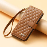 Rhombic Texture Zipper Wallet Metal Bow-knot Vegan Leather Phone Case with Strap, For iPhone 15 Pro, For iPhone 15 Plus, For iPhone 15