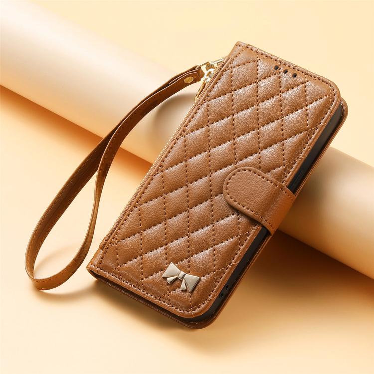 Rhombic Texture Zipper Wallet Metal Bow-knot Vegan Leather Phone Case with Strap, For iPhone 15 Pro, For iPhone 15 Plus, For iPhone 15