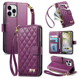 Rhombic Texture Zipper Wallet Metal Bow-knot Vegan Leather Phone Case with Strap, For iPhone 15 Pro, For iPhone 15 Plus, For iPhone 15
