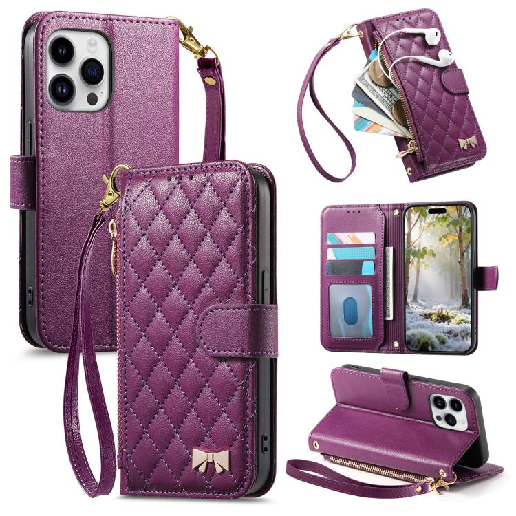Rhombic Texture Zipper Wallet Metal Bow-knot Vegan Leather Phone Case with Strap, For iPhone 15 Pro, For iPhone 15 Plus, For iPhone 15