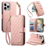 Rhombic Texture Zipper Wallet Metal Bow-knot Vegan Leather Phone Case with Strap, For iPhone 15 Pro, For iPhone 15 Plus, For iPhone 15