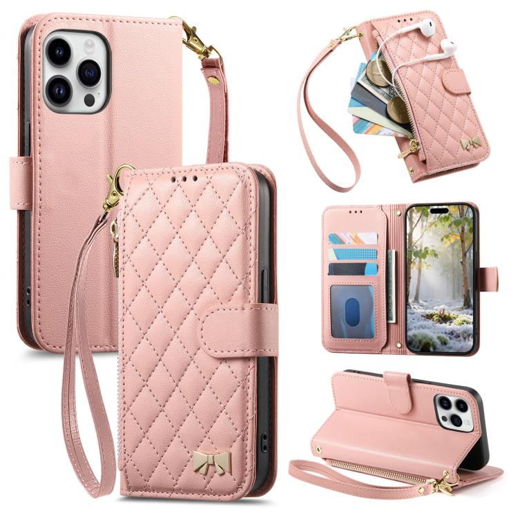 Rhombic Texture Zipper Wallet Metal Bow-knot Vegan Leather Phone Case with Strap, For iPhone 15 Pro, For iPhone 15 Plus, For iPhone 15