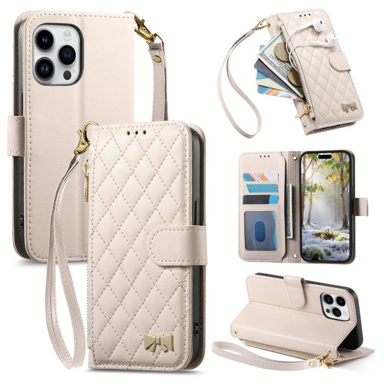Rhombic Texture Zipper Wallet Metal Bow-knot Vegan Leather Phone Case with Strap, For iPhone 15 Pro, For iPhone 15 Plus, For iPhone 15