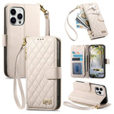 Rhombic Texture Zipper Wallet Metal Bow-knot Vegan Leather Phone Case with Strap, For iPhone 15 Pro, For iPhone 15 Plus, For iPhone 15