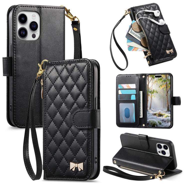 Rhombic Texture Zipper Wallet Metal Bow-knot Vegan Leather Phone Case with Strap, For iPhone 15 Pro, For iPhone 15 Plus, For iPhone 15