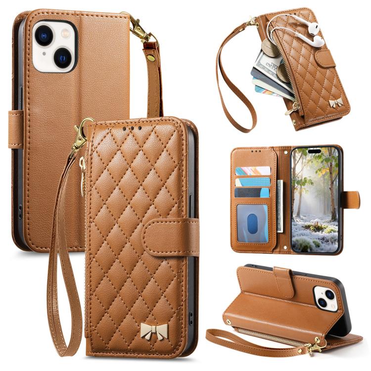 Rhombic Texture Zipper Wallet Metal Bow-knot Vegan Leather Phone Case with Strap, For iPhone 15 Pro, For iPhone 15 Plus, For iPhone 15