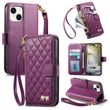 Rhombic Texture Zipper Wallet Metal Bow-knot Vegan Leather Phone Case with Strap, For iPhone 15 Pro, For iPhone 15 Plus, For iPhone 15