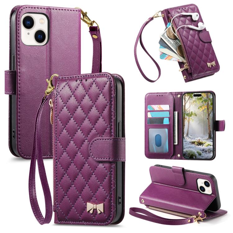 Rhombic Texture Zipper Wallet Metal Bow-knot Vegan Leather Phone Case with Strap, For iPhone 15 Pro, For iPhone 15 Plus, For iPhone 15