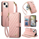 Rhombic Texture Zipper Wallet Metal Bow-knot Vegan Leather Phone Case with Strap, For iPhone 15 Pro, For iPhone 15 Plus, For iPhone 15