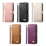 Rhombic Texture Zipper Wallet Metal Bow-knot Vegan Leather Phone Case with Strap, For iPhone 15 Pro, For iPhone 15 Plus, For iPhone 15