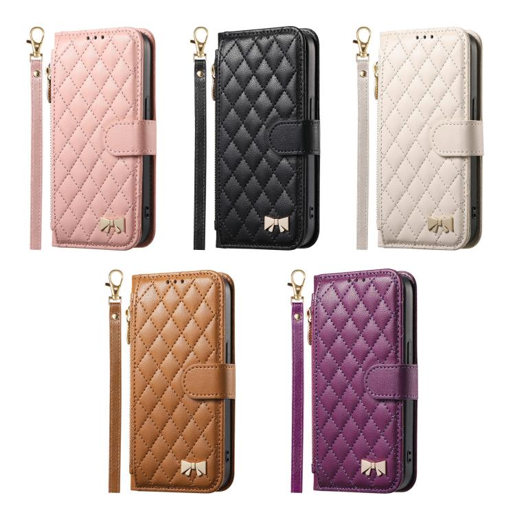 Rhombic Texture Zipper Wallet Metal Bow-knot Vegan Leather Phone Case with Strap, For iPhone 15 Pro, For iPhone 15 Plus, For iPhone 15