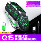 T-WOLF Q15 6-Buttons 1600 DPI Wireless Rechargeable Mute Office Gaming Mouse with 7 Color Breathing Light, Technology Black, Stars Black, Pearl White