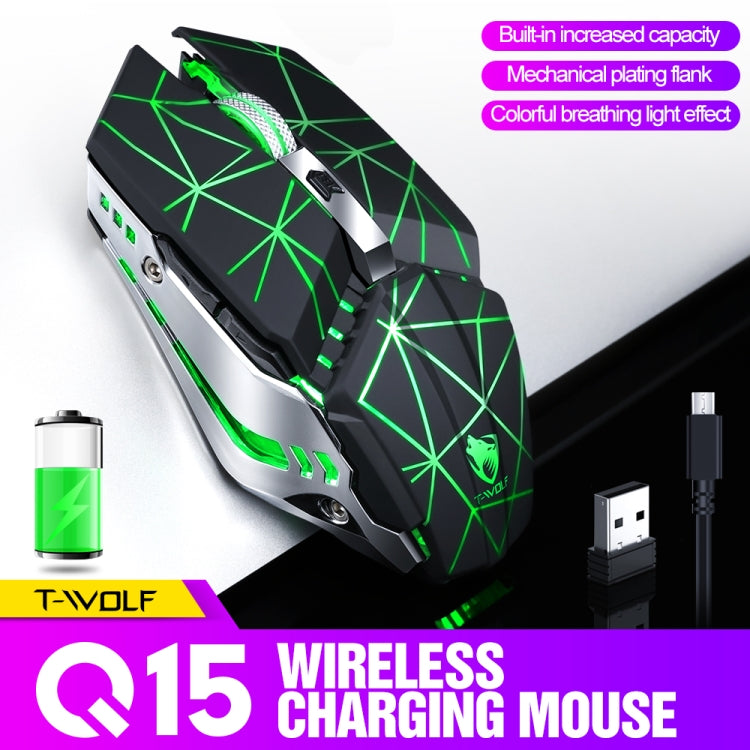 T-WOLF Q15 6-Buttons 1600 DPI Wireless Rechargeable Mute Office Gaming Mouse with 7 Color Breathing Light, Technology Black, Stars Black, Pearl White