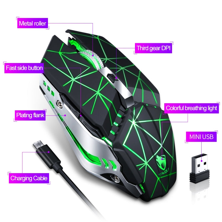 T-WOLF Q15 6-Buttons 1600 DPI Wireless Rechargeable Mute Office Gaming Mouse with 7 Color Breathing Light, Technology Black, Stars Black, Pearl White