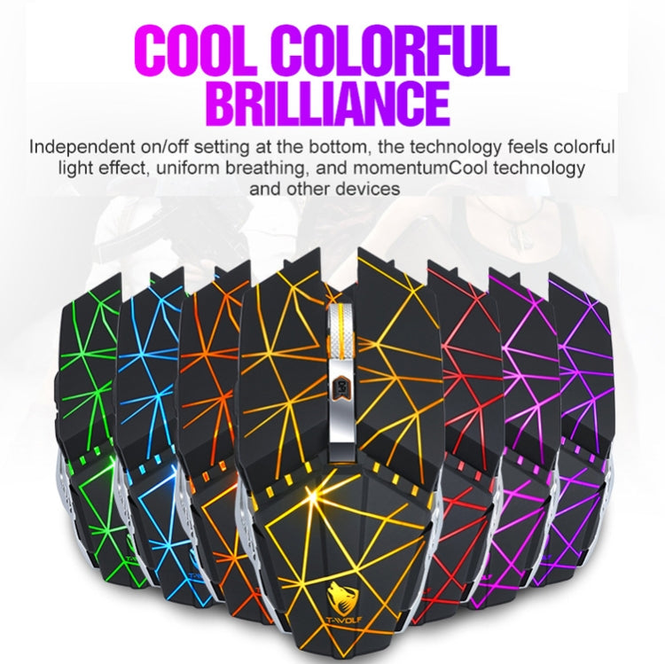T-WOLF Q15 6-Buttons 1600 DPI Wireless Rechargeable Mute Office Gaming Mouse with 7 Color Breathing Light, Technology Black, Stars Black, Pearl White