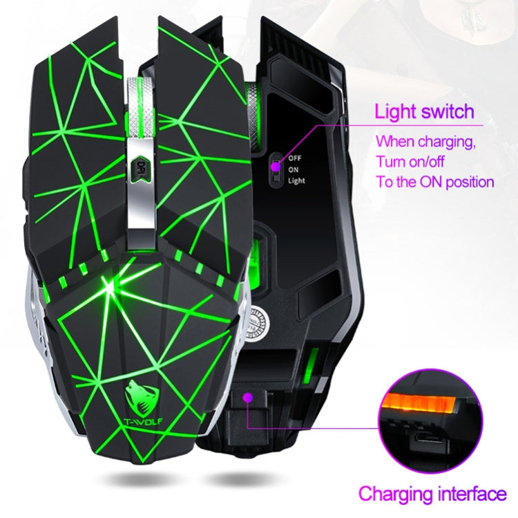 T-WOLF Q15 6-Buttons 1600 DPI Wireless Rechargeable Mute Office Gaming Mouse with 7 Color Breathing Light, Technology Black, Stars Black, Pearl White