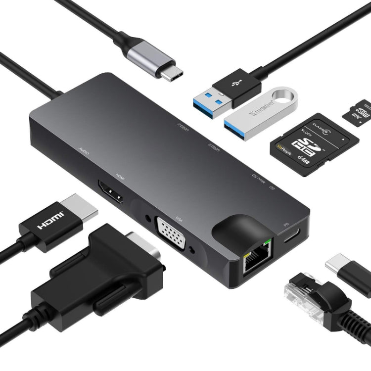 8 In 1 Type-C To HDMI+VAG Gigabit RJ45+USB3.0 Docking Station