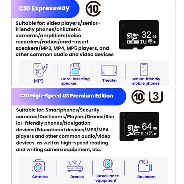 High Speed C10 Memory Card Car Recorder Camera Memory Card, 4G, 8G, 16G, 32G, 64G, 128G